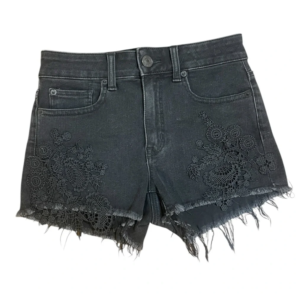 American Eagle Black Denim Floral Lace Shorts - Picture 1 of 7